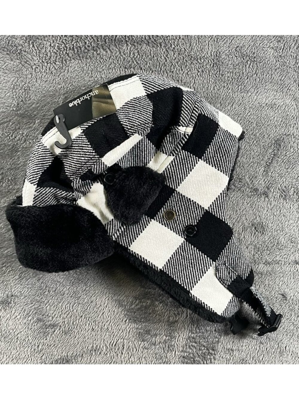Anchor Blue White Black Checker Pattern Trapper Hat One Size